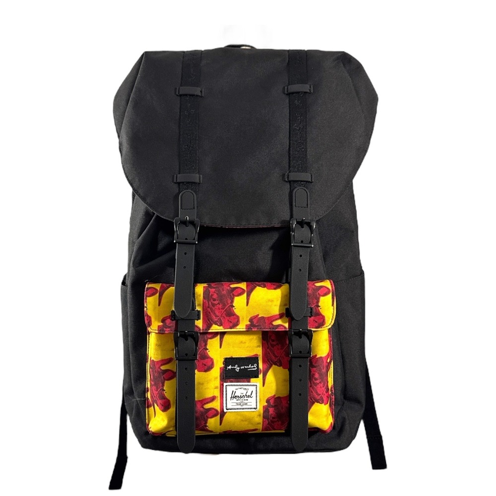 Herschel Supply Warhol Backpack Black Yellow Pink Cow Drawstring Snap Buckle EUC - Picture 14 of 14